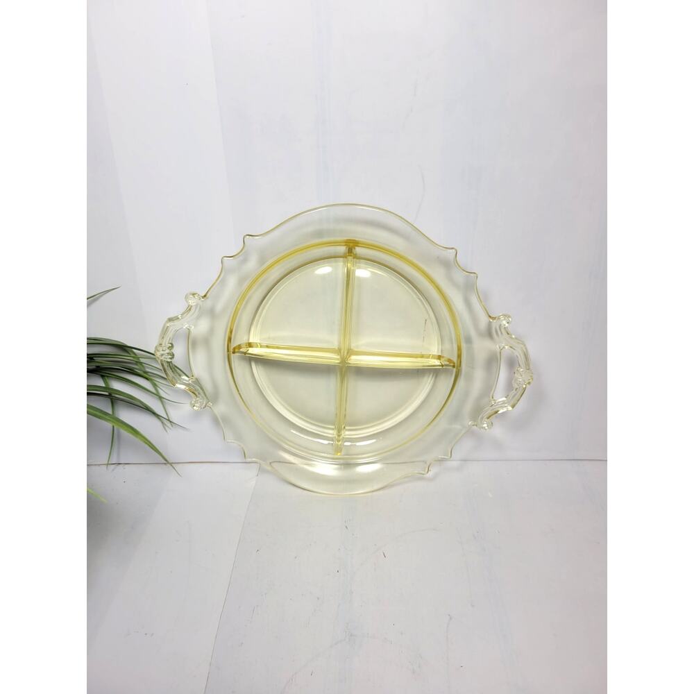 Vintage Fostoria Mayfair Topaz Yellow Glass 4 Part Divided Relish Tray Handles